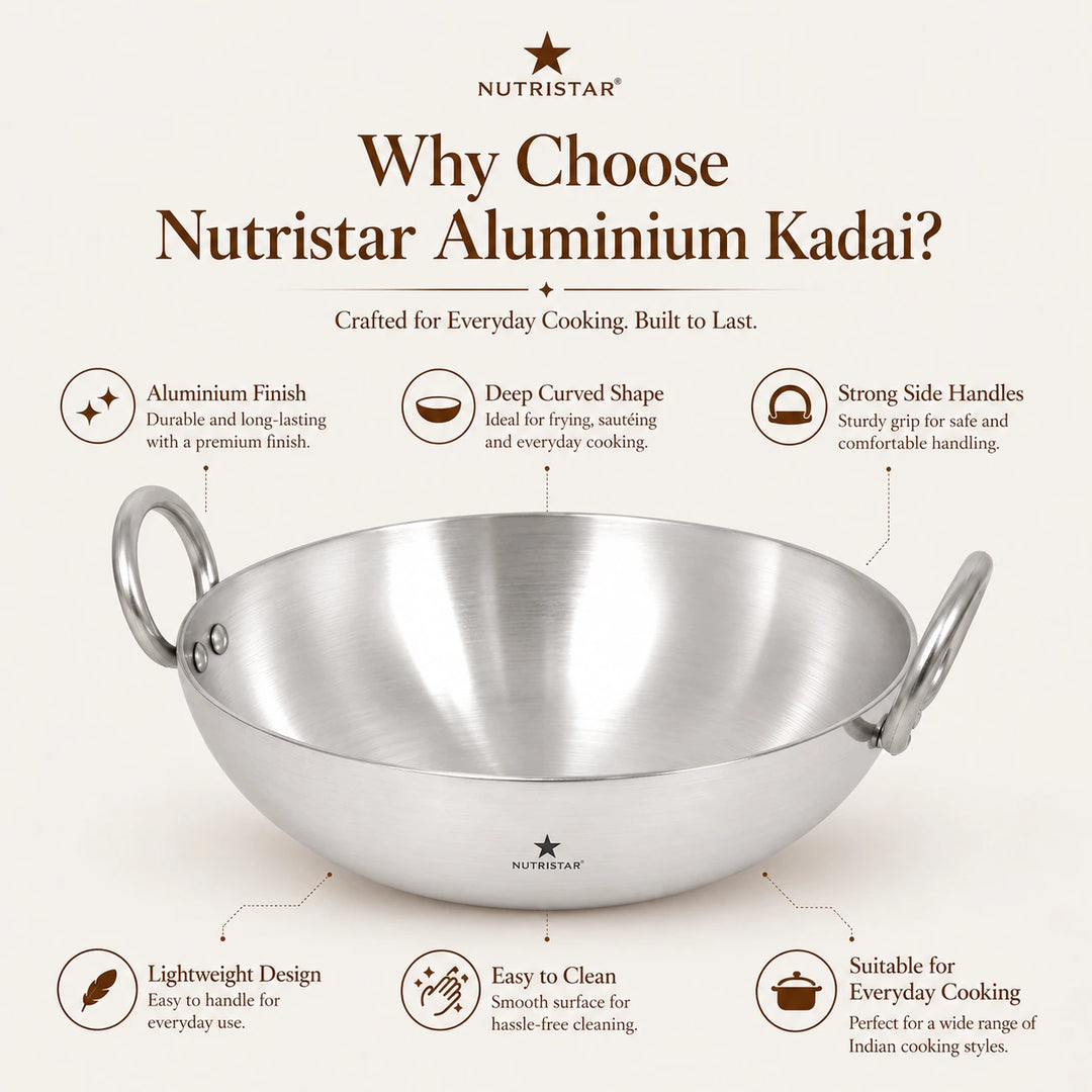 Nutristar aluminium wok kadai for stir frying vegetables noodles curries and everyday cooking