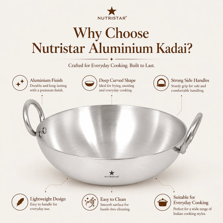 Nutristar aluminium wok kadai for stir frying vegetables noodles curries and everyday cooking