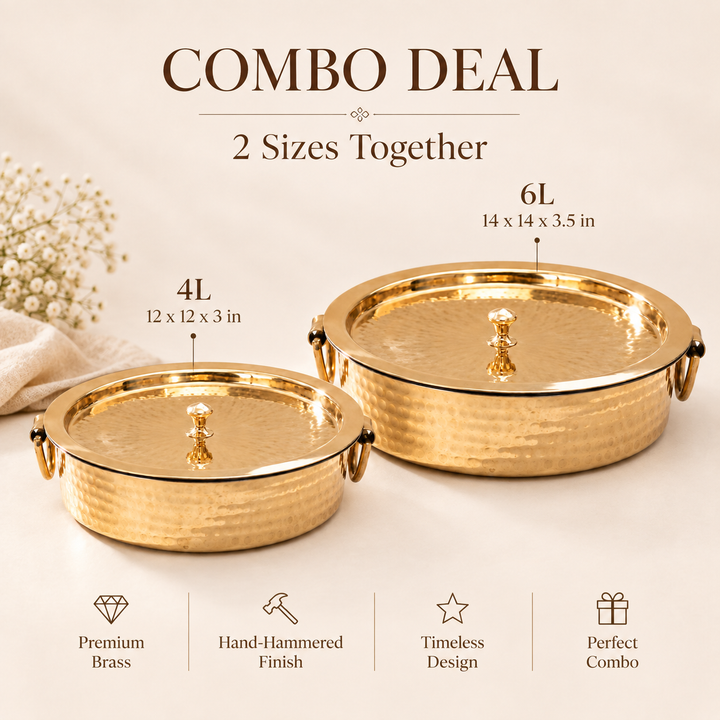 Nutristar brass biryani handi combo with brass lids and ring handles