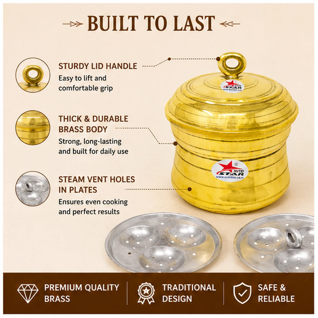 Brass Idli Cooker, Brass Idli Steamer, Cooker with Tin Coated/Khalai Inside. - size guide