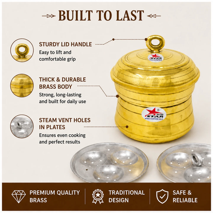 Brass idli cooker with Kalai coated interior for steaming South Indian idlis