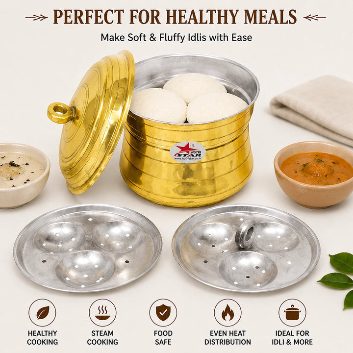 Traditional brass idli steamer with tin coated interior for homemade idlis