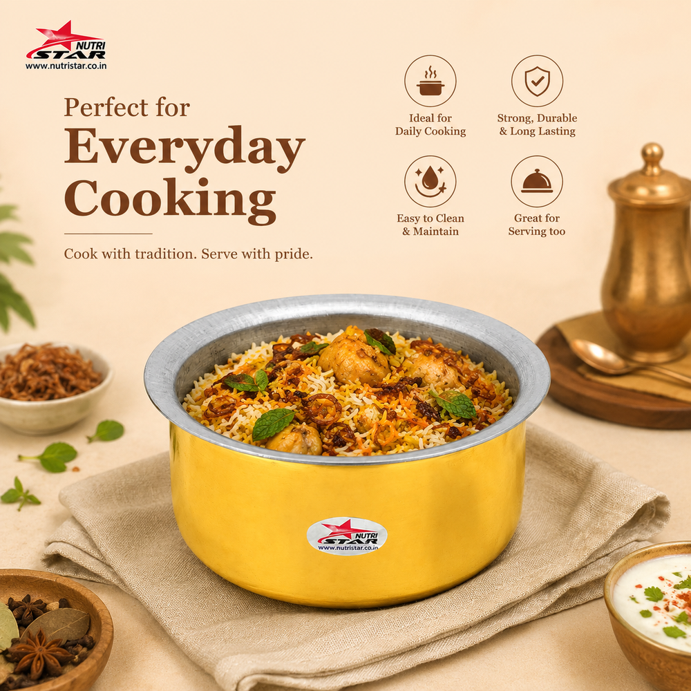 Brass Patila Cooking Pot Hammered Tope or Patila with Stainless Steel Lid. - use