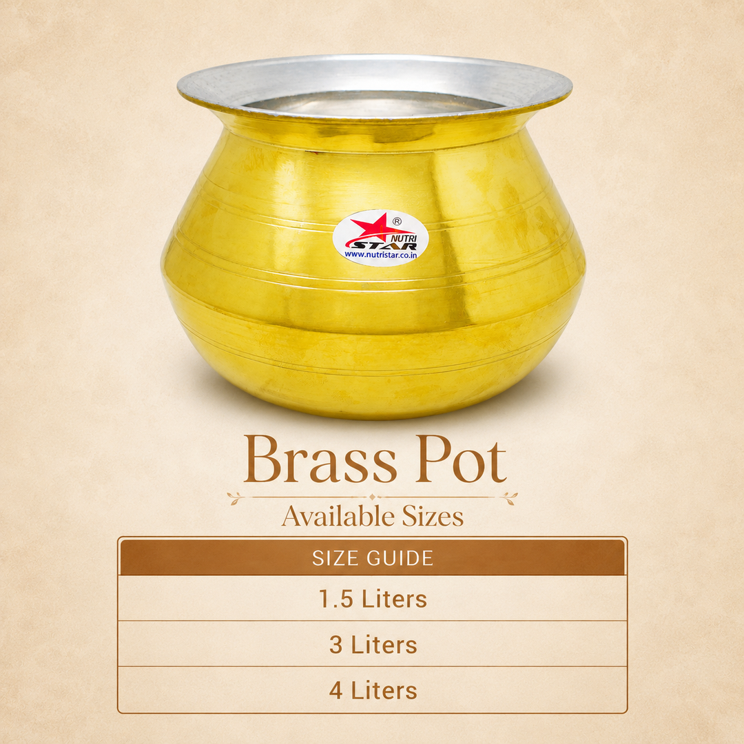 Brass Dekchi, Cooking Pot with Tin Coating (Kalai) Inside. Indian Brass Cooking Vessel, Colour Golden. - size guide