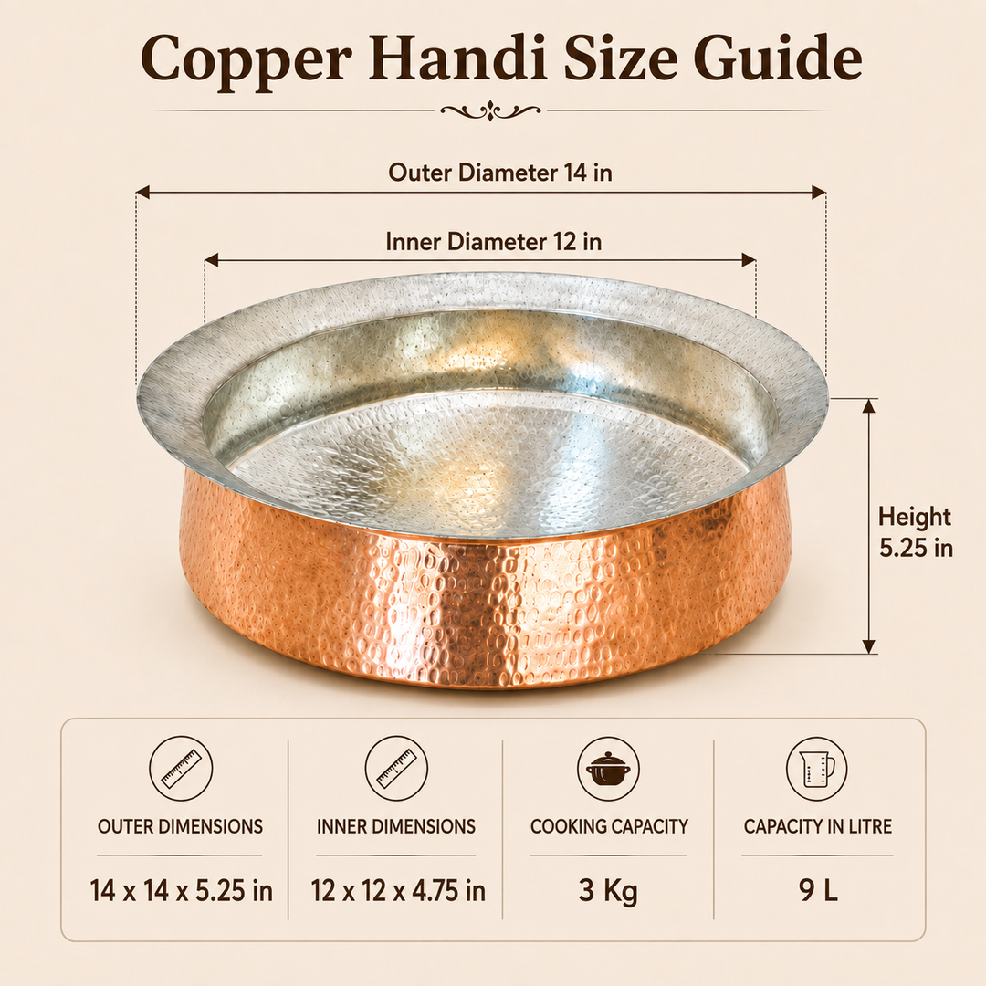 Copper Biryani Handi -stainless steel lid/heavy guage/tin coating kalai