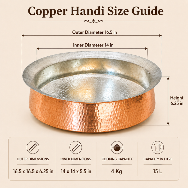 Copper Biryani Handi -stainless steel lid/heavy guage/tin coating kalai