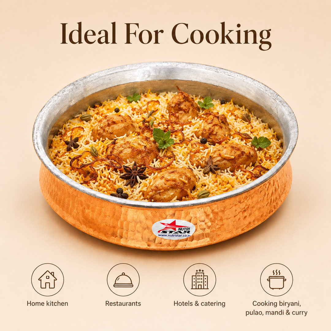 Biryani Handi Copper, Big Copper Biryani Handi  Joint Less - Tin Coating Khalai Inside Handi - size guide