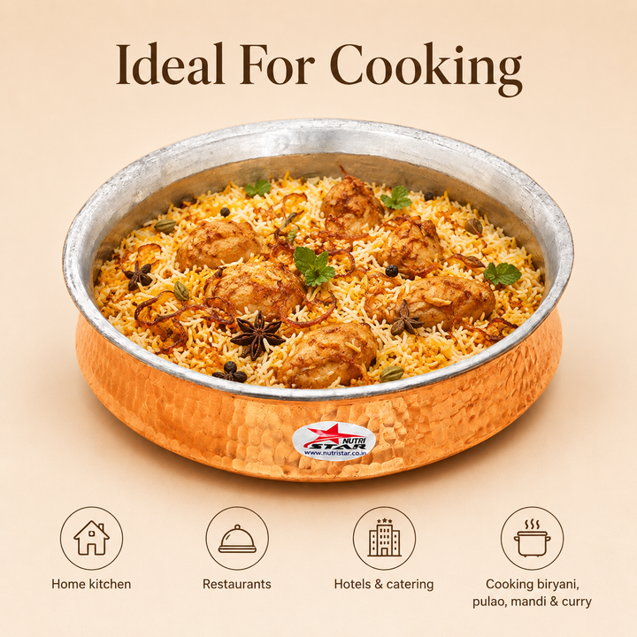 Biryani Handi Copper, Big Copper Biryani Handi  Joint Less - Tin Coating Khalai Inside Handi - size guide