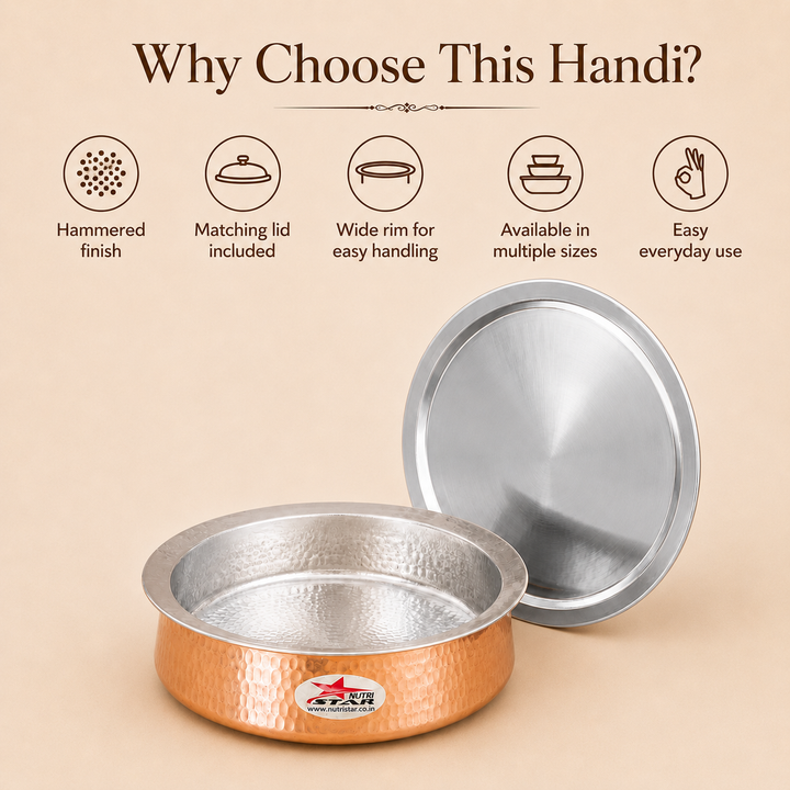 Biryani Handi Copper, Big Copper Biryani Handi Heavy Gauge with Stainless Steel Lid - Tin Coating Kalai Inside Handi - uses