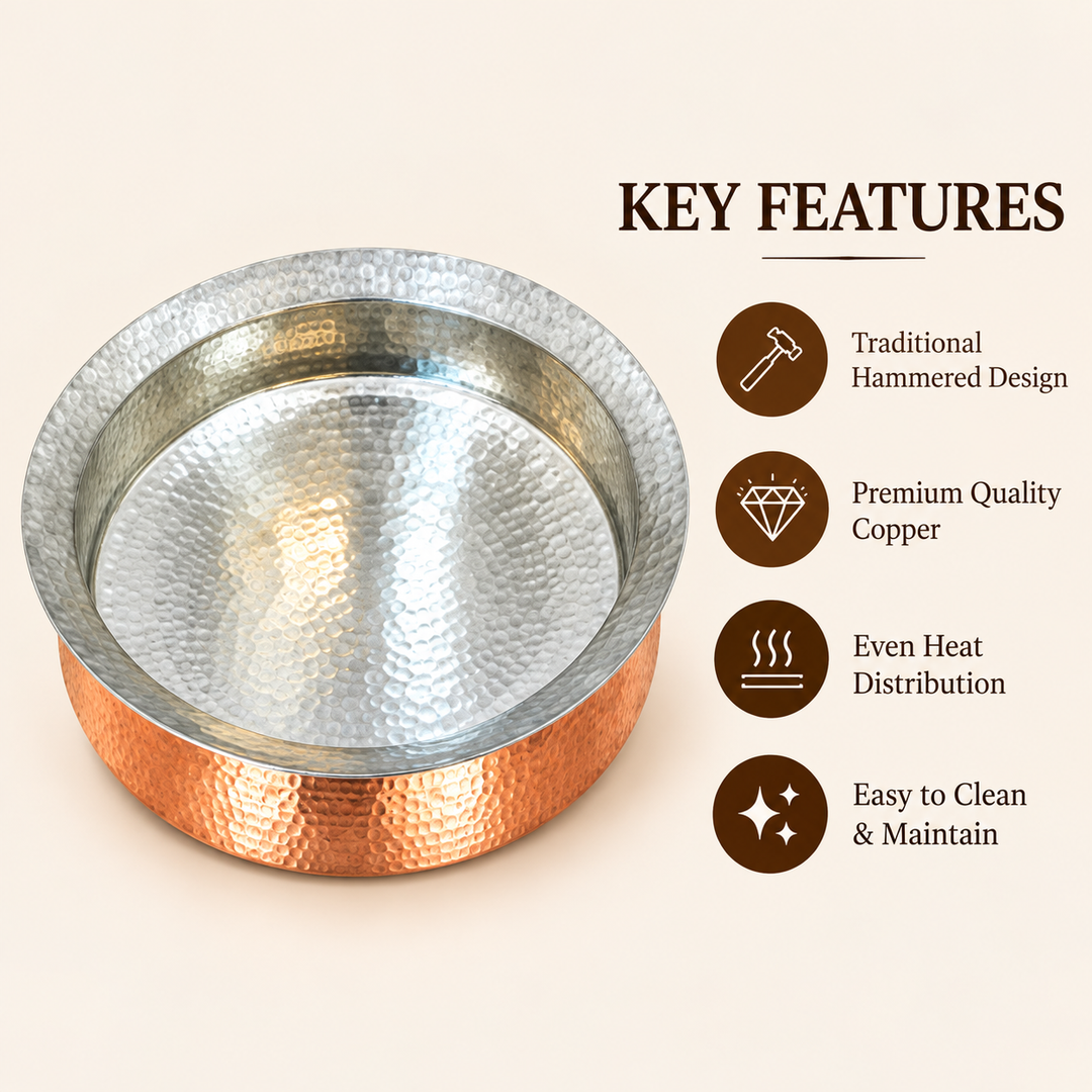 Copper Biryani Handi -stainless steel lid/heavy guage/tin coating kalai