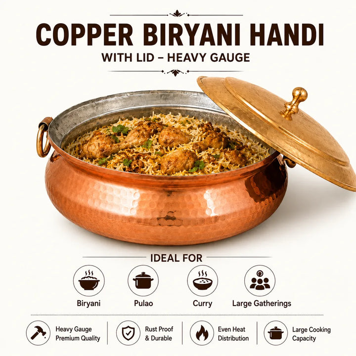 Nutristar heavy gauge hammered copper biryani handi with brass lid filled with biryani for cooking and large gatherings