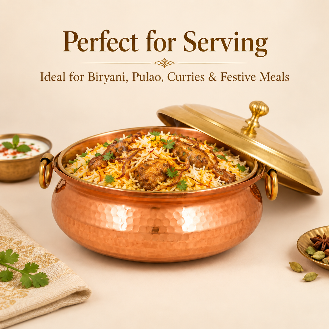 Nutristar heavy gauge hammered copper biryani handi with brass lid filled with biryani for cooking and large gatherings