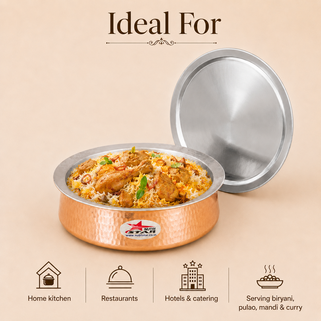 Biryani Handi Copper, Big Copper Biryani Handi Heavy Gauge with Stainless Steel Lid - Tin Coating Kalai Inside Handi - size guide
