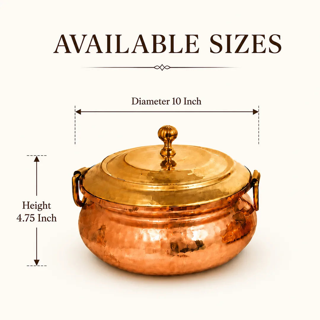 Nutristar hammered copper biryani handi 10 inch diameter with brass lid and side handles size guide