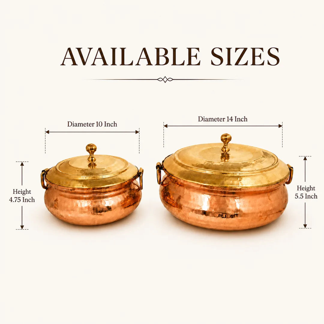 Nutristar hammered copper biryani handi size guide showing 10 inch and 14 inch variants with brass lids