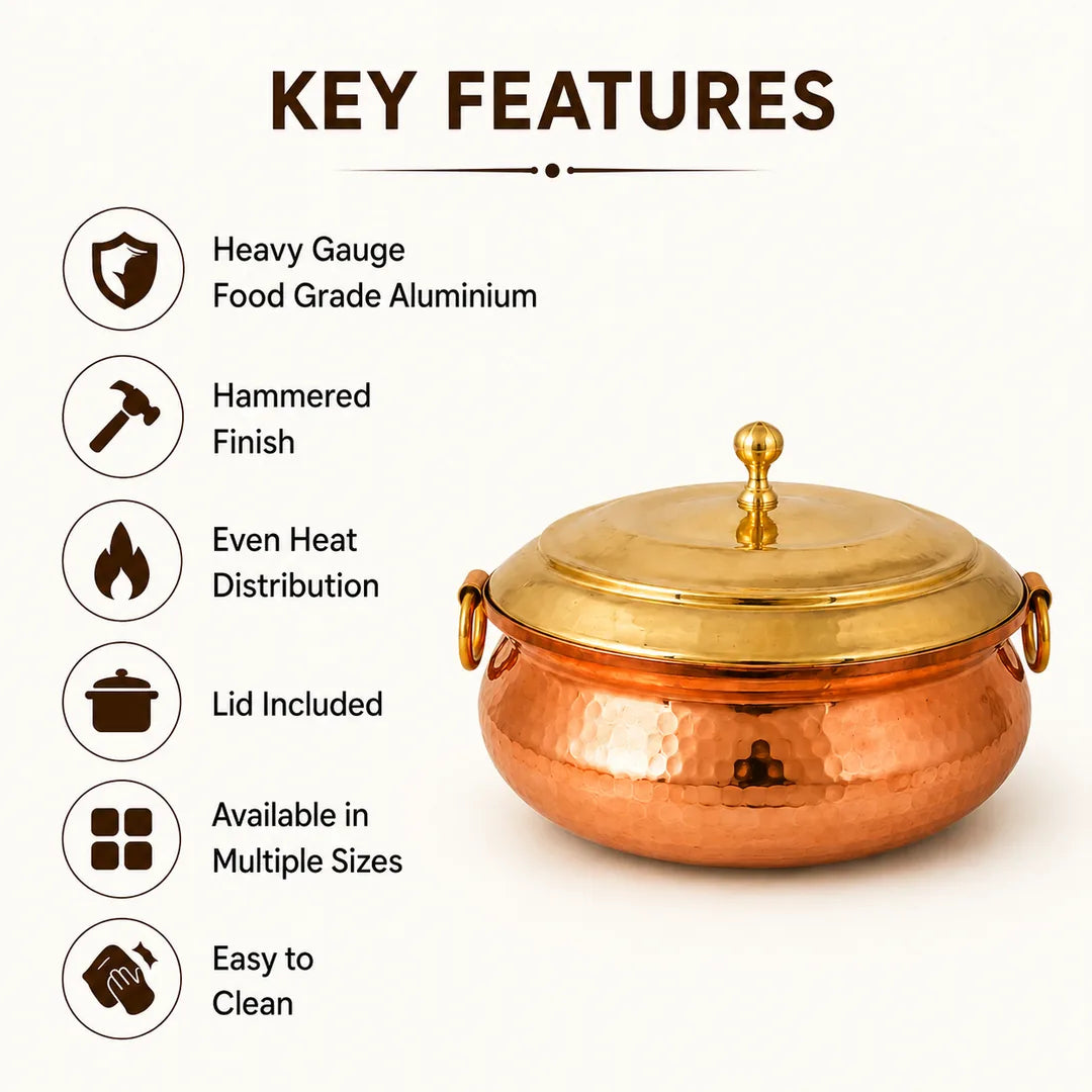 Nutristar hammered copper biryani handi with brass lid highlighting hammered finish, even heat distribution and easy cleaning