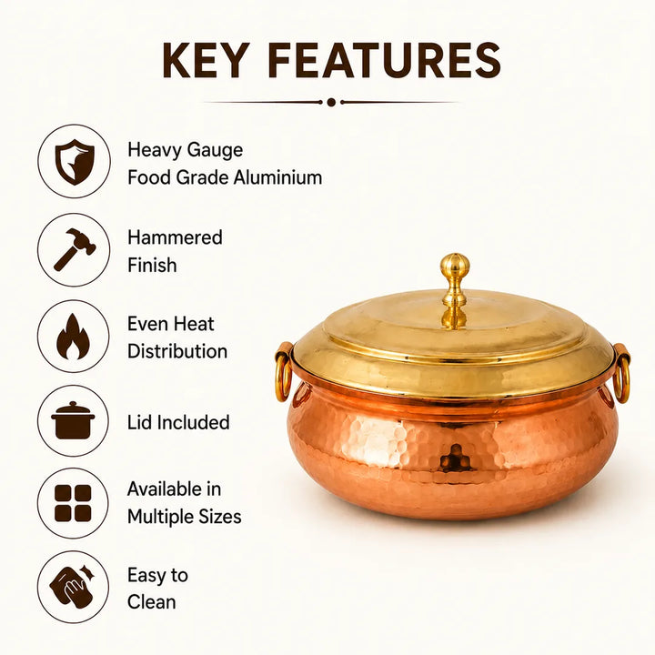 Nutristar hammered copper biryani handi with brass lid highlighting hammered finish, even heat distribution and easy cleaning