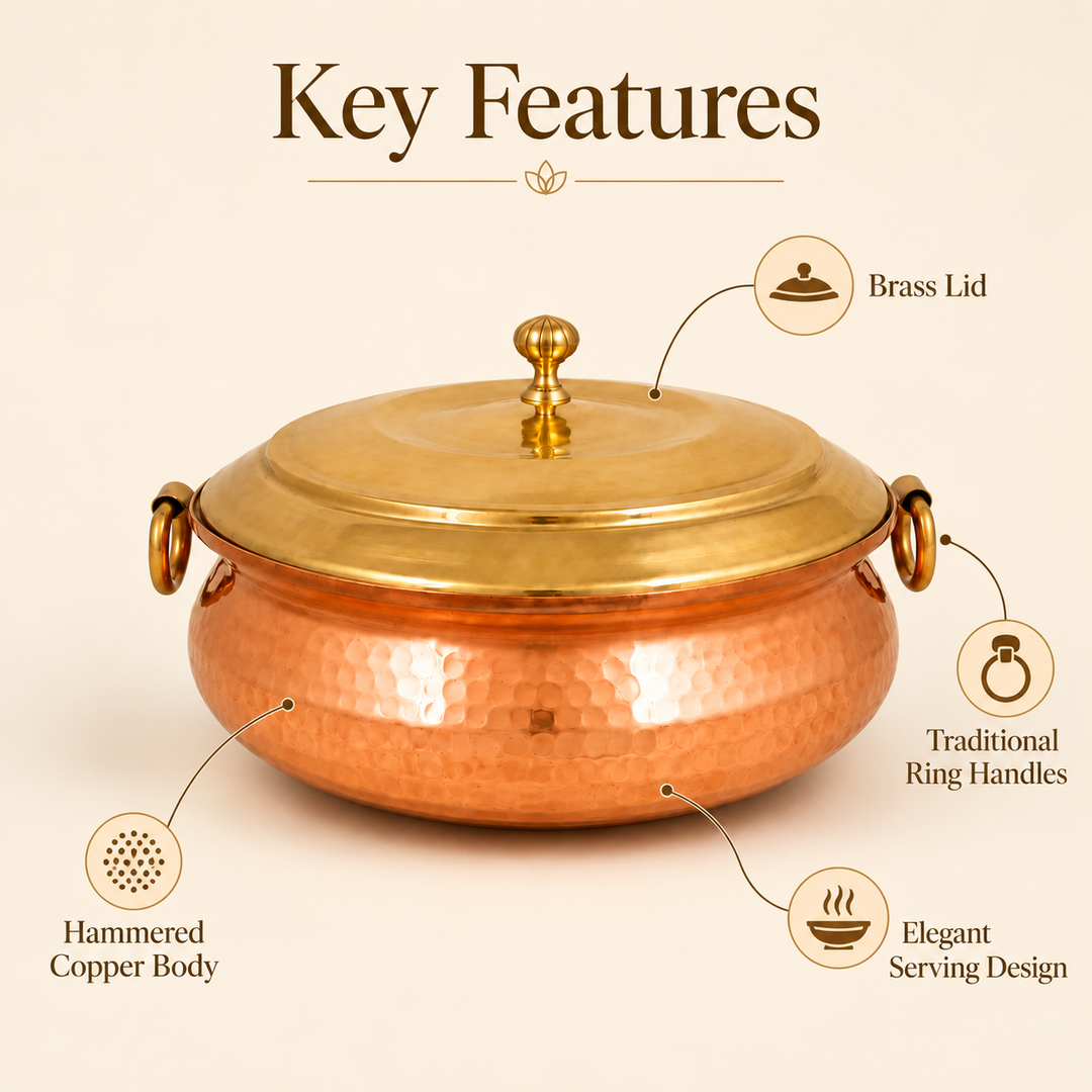 Nutristar hammered copper biryani handi with brass lid highlighting hammered finish, even heat distribution and easy cleaning
