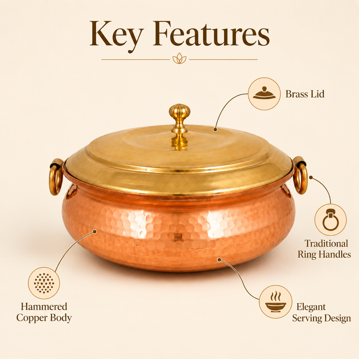 Nutristar hammered copper biryani handi with brass lid highlighting hammered finish, even heat distribution and easy cleaning