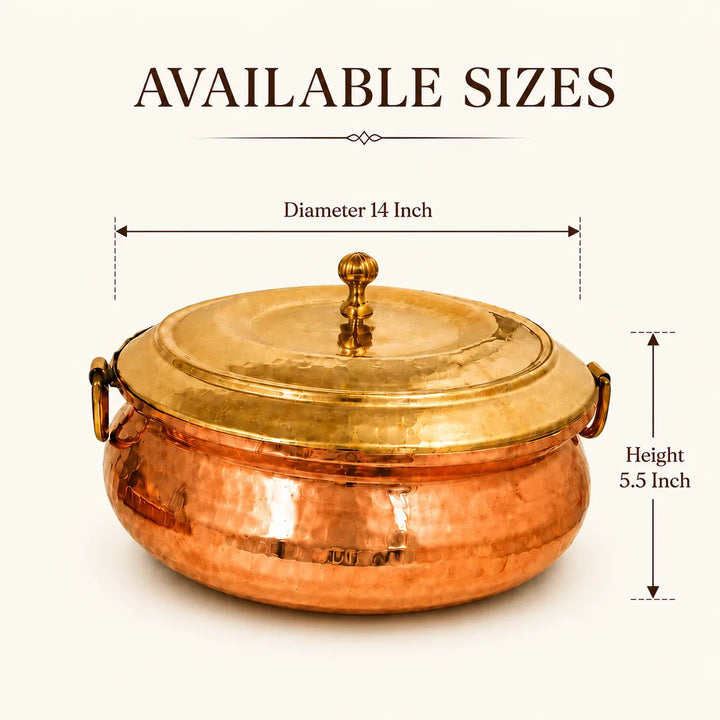 Nutristar hammered copper biryani handi 14 inch diameter with brass lid and side handles size guide