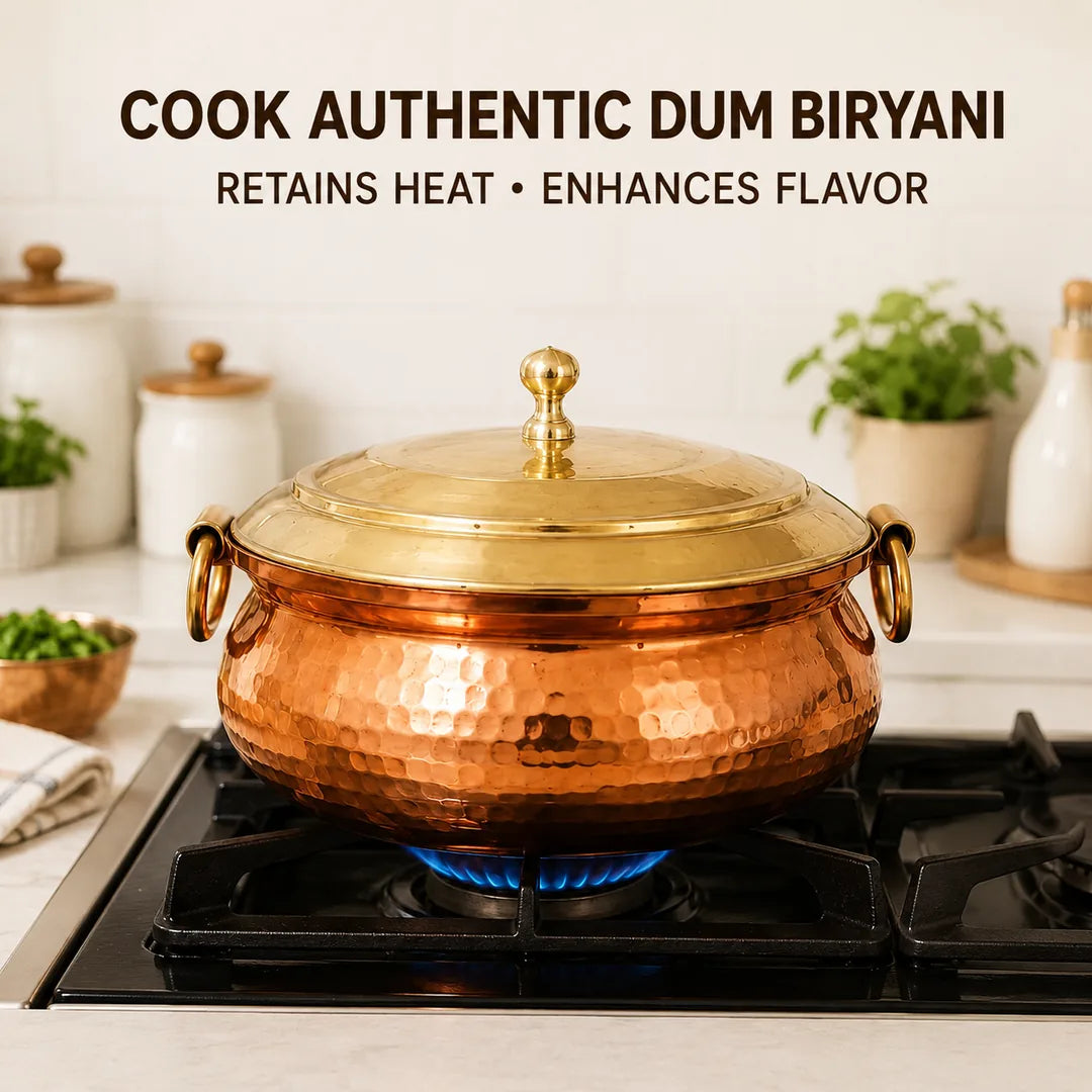 Nutristar hammered copper biryani handi with brass lid used for dum biryani cooking on gas stove