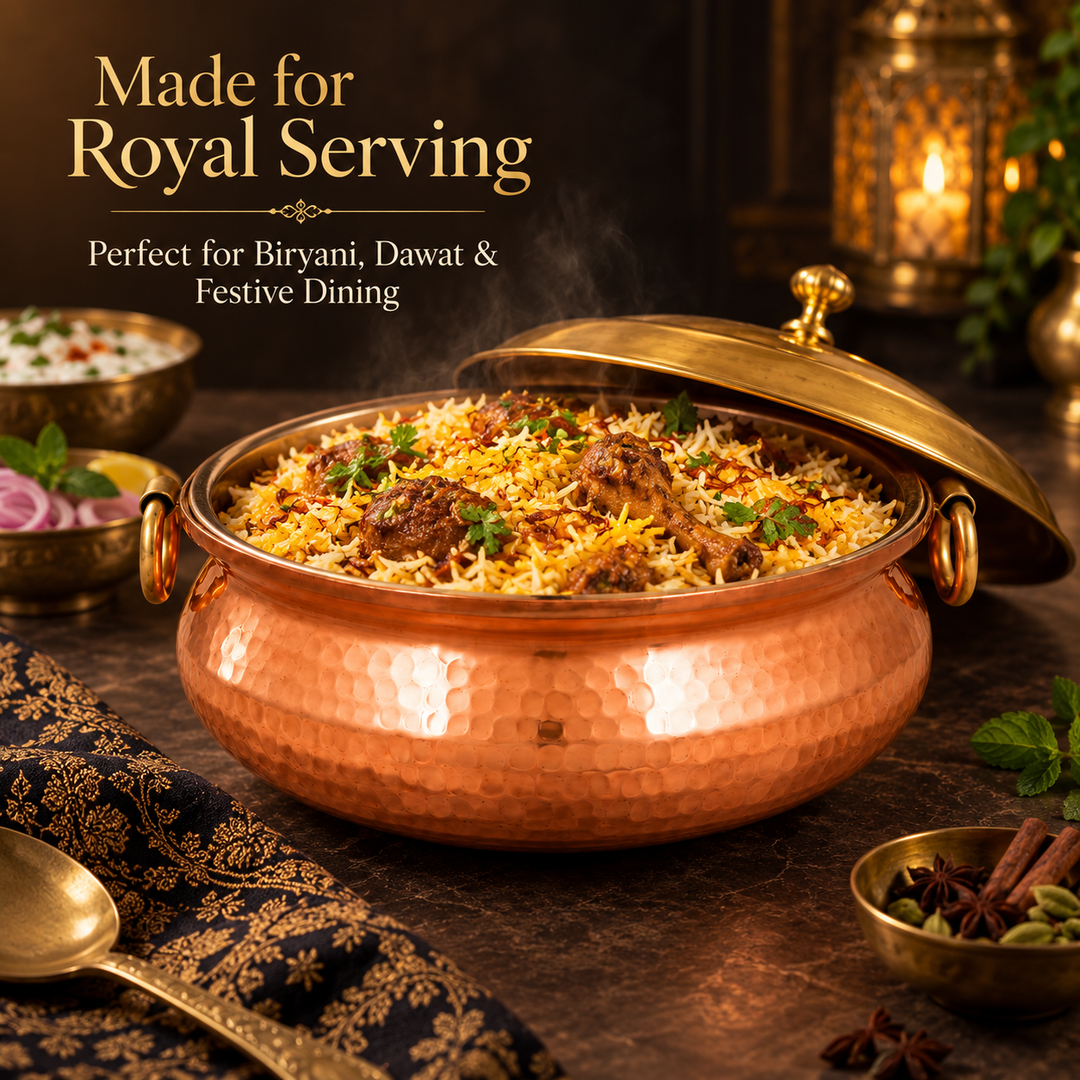 Nutristar hammered copper biryani handi with brass lid used for dum biryani cooking on gas stove