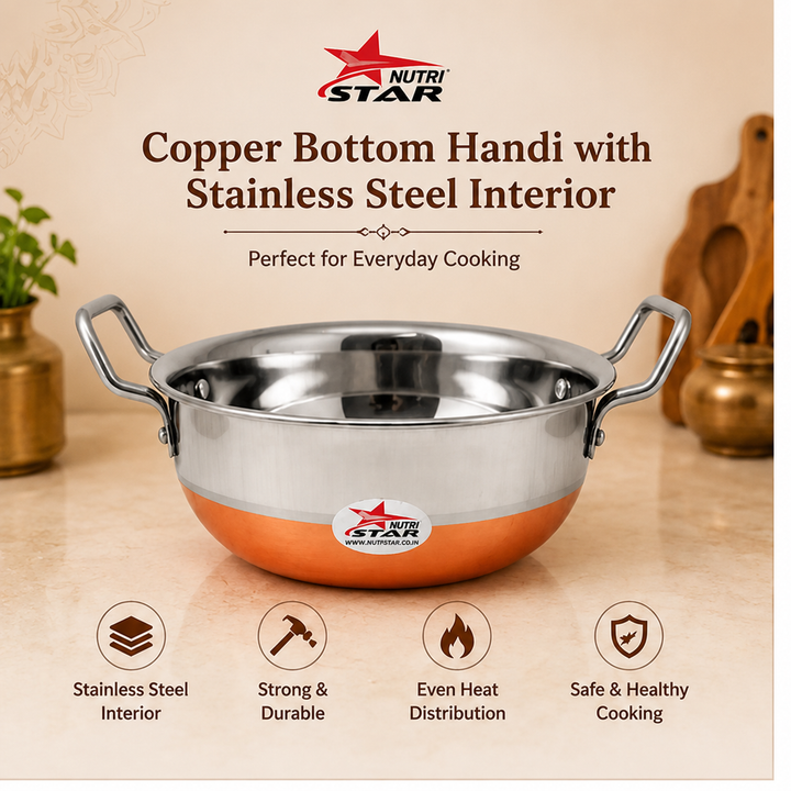 Stainless Steel Copper Bottom Kadhai/Deep Cookware, Cooking Utensils, Pack Of 1 - size guide