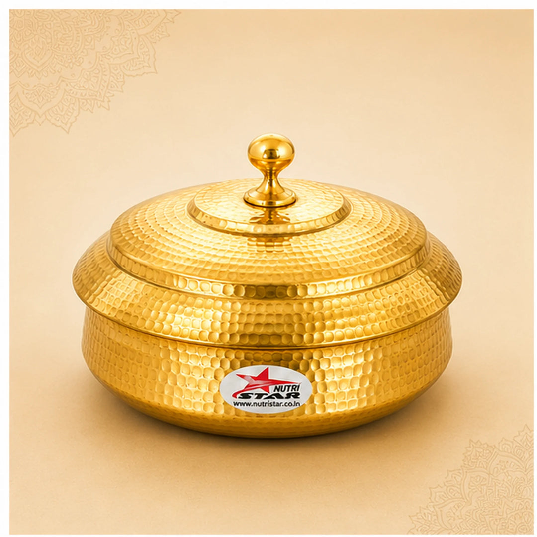 Biryani Handi Brass, Big Brass Biryani Handi Heavy Gauge With Lid - Tin Coating Kalai Inside Handi - main product image