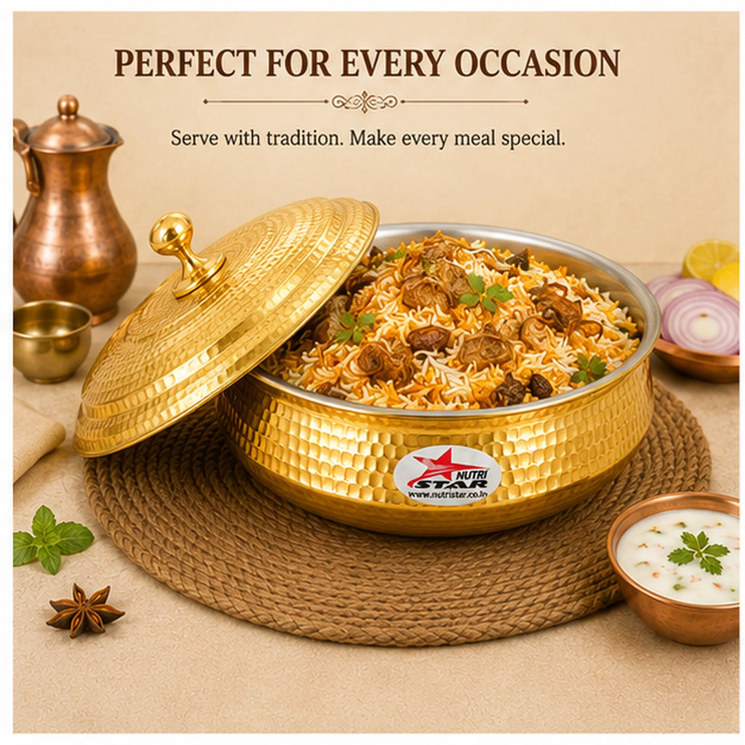 Biryani Handi Brass, Big Brass Biryani Handi Heavy Gauge With Lid - Tin Coating Kalai Inside Handi - size guide