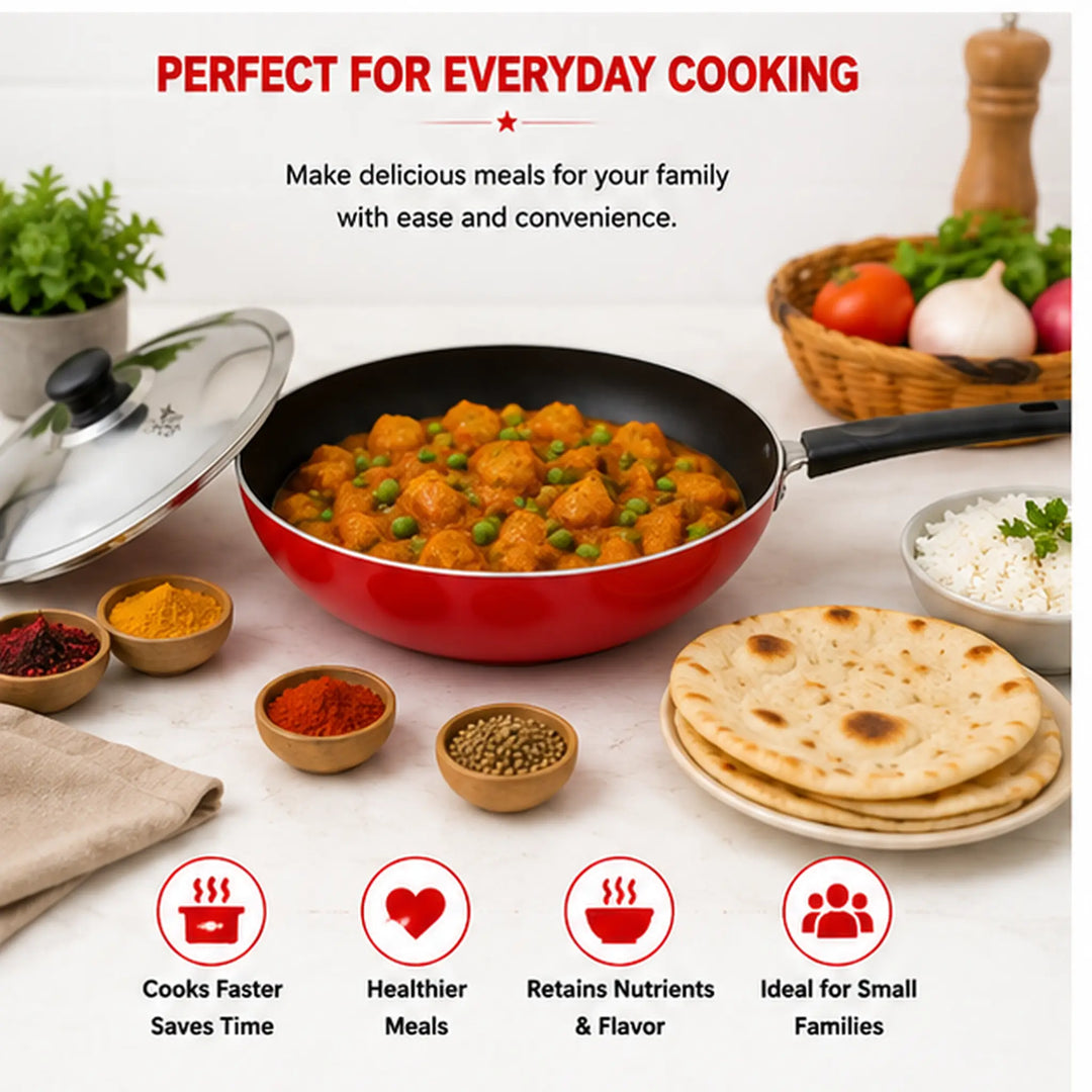 Non Stick Fry Pan with Handle and Stainless Steel Lid, Thickness - 2.6 MM. - size guide