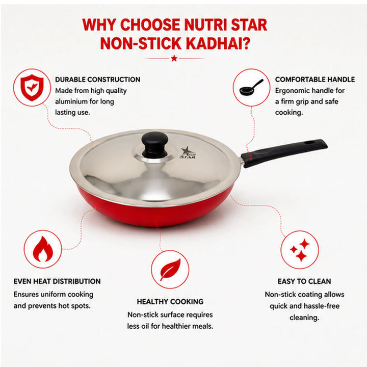 Non Stick Fry Pan with Handle and Stainless Steel Lid, Thickness - 2.6 MM.