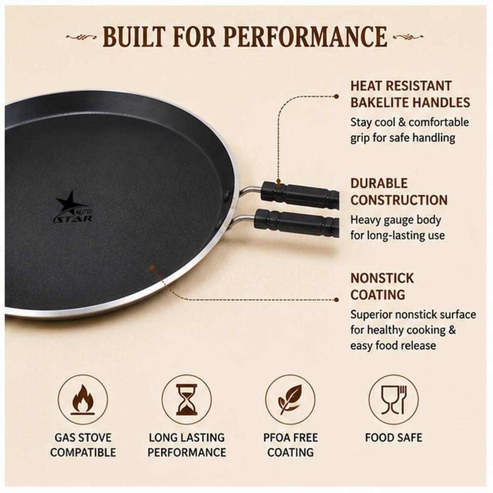 Non Stick Tawa, Hard Anodised Non Stick Tawa/Griddle with Handle, Roti/Dosa Tawa, Thickness - 3 MM. - size guide