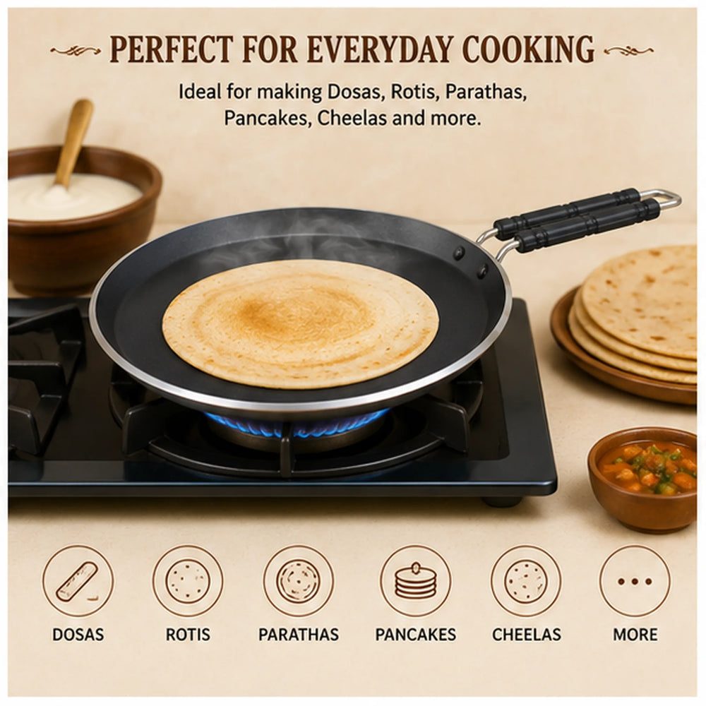 Non Stick Tawa, Hard Anodised Non Stick Tawa/Griddle with Handle, Roti/Dosa Tawa, Thickness - 3 MM. - use