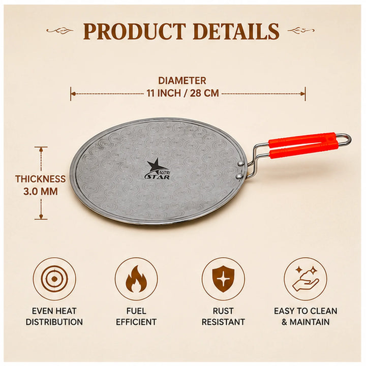 Tawa/Griddle with Handle Made with Thick Sheet, Pack of 1. - size guide