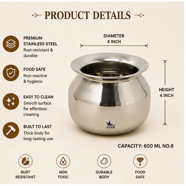 Stainless Steel Cooking Pot, Dekchi/Handi for Cooking.