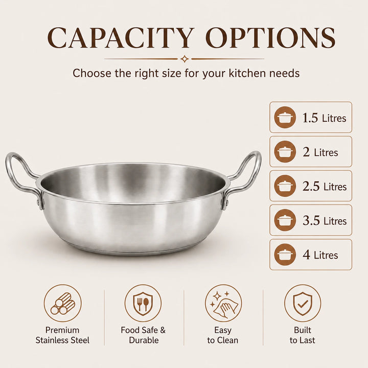 stainless steel kadai with handles size guide