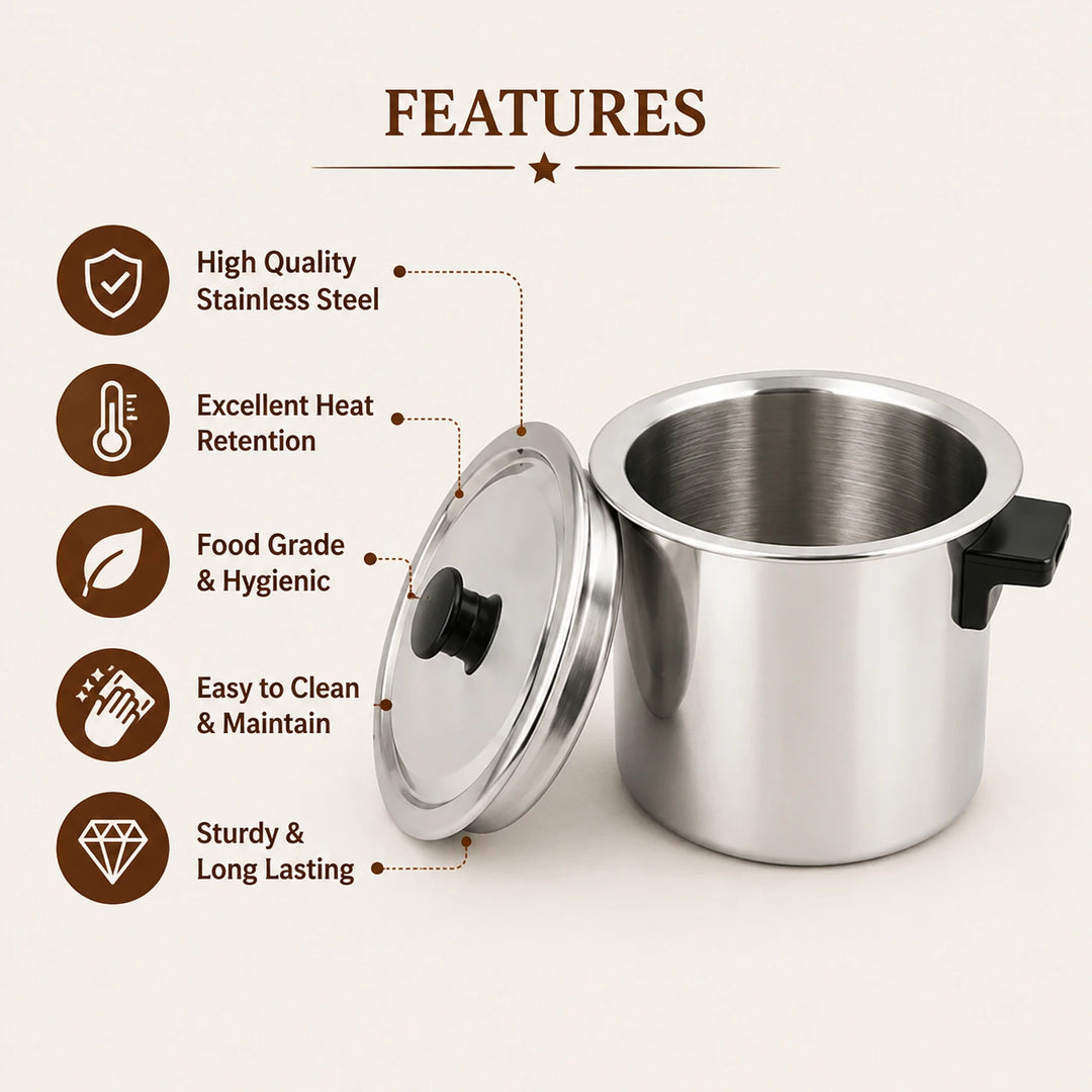 stainless steel milk boiler with knob and lid features