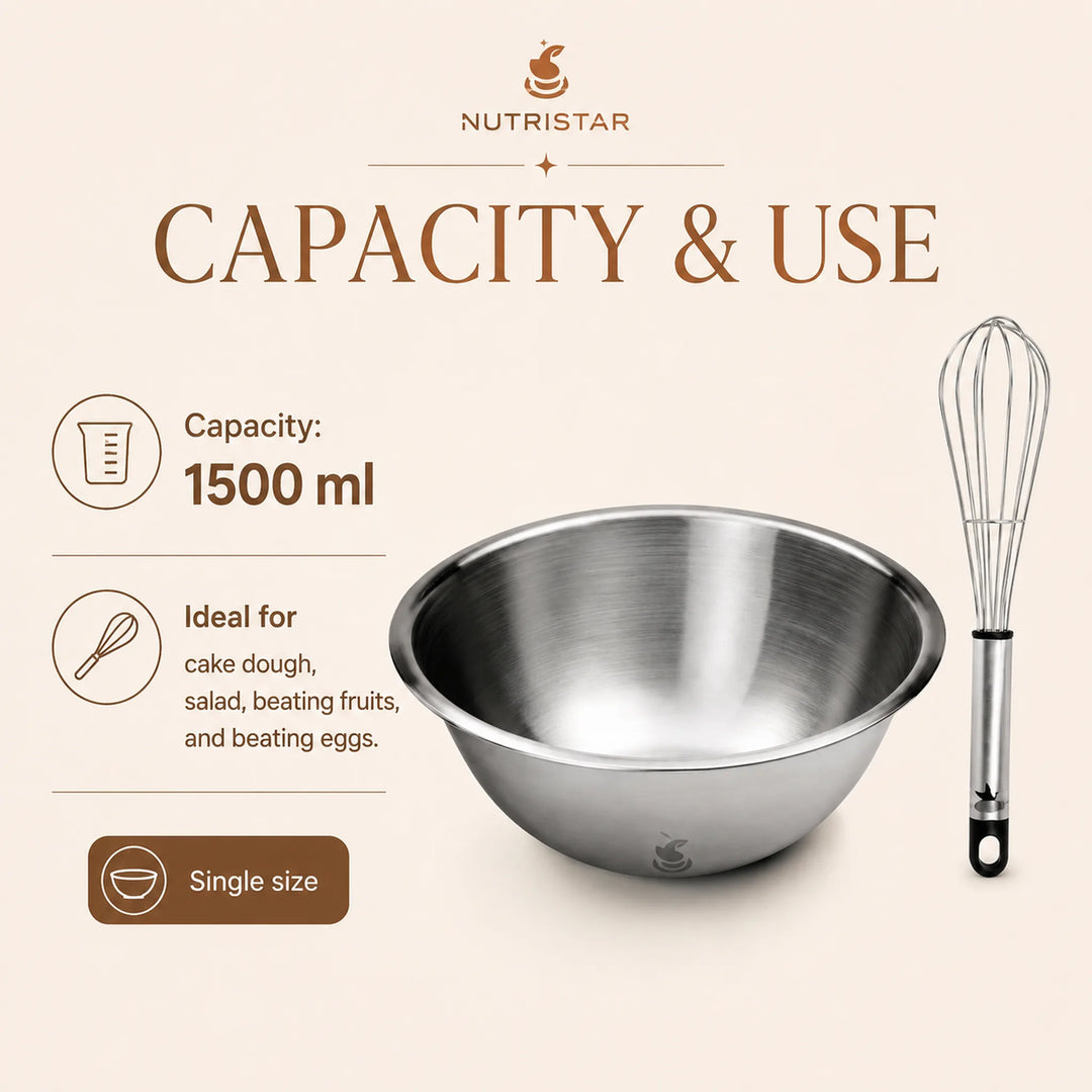 Stainless Steel Mixing Bowl, Capacity 1500 Ml With Wisk.