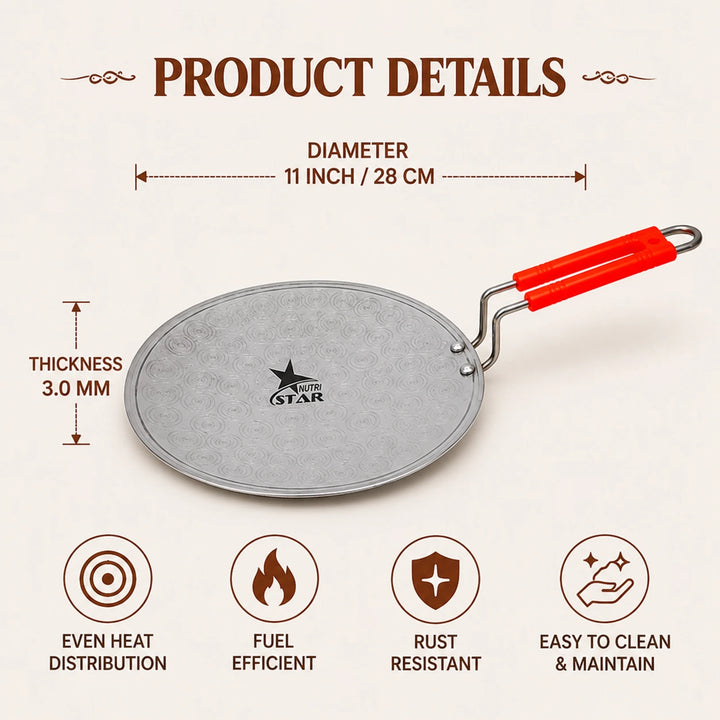 Nutristar aluminium tawa size guide 10 inch and 11 inch with handle