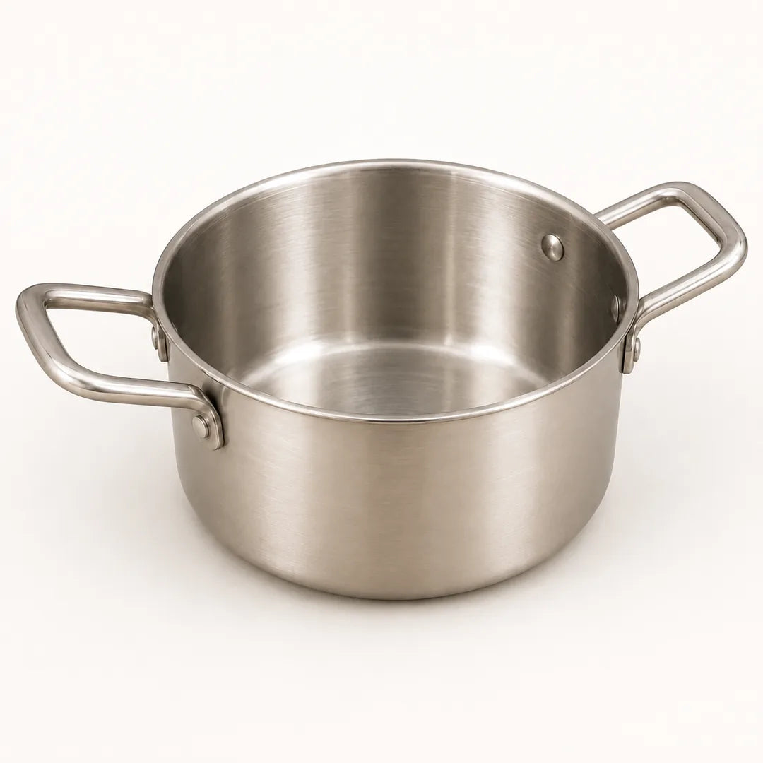 Nutristar stainless steel triply casserole with dual side handles on off-white background