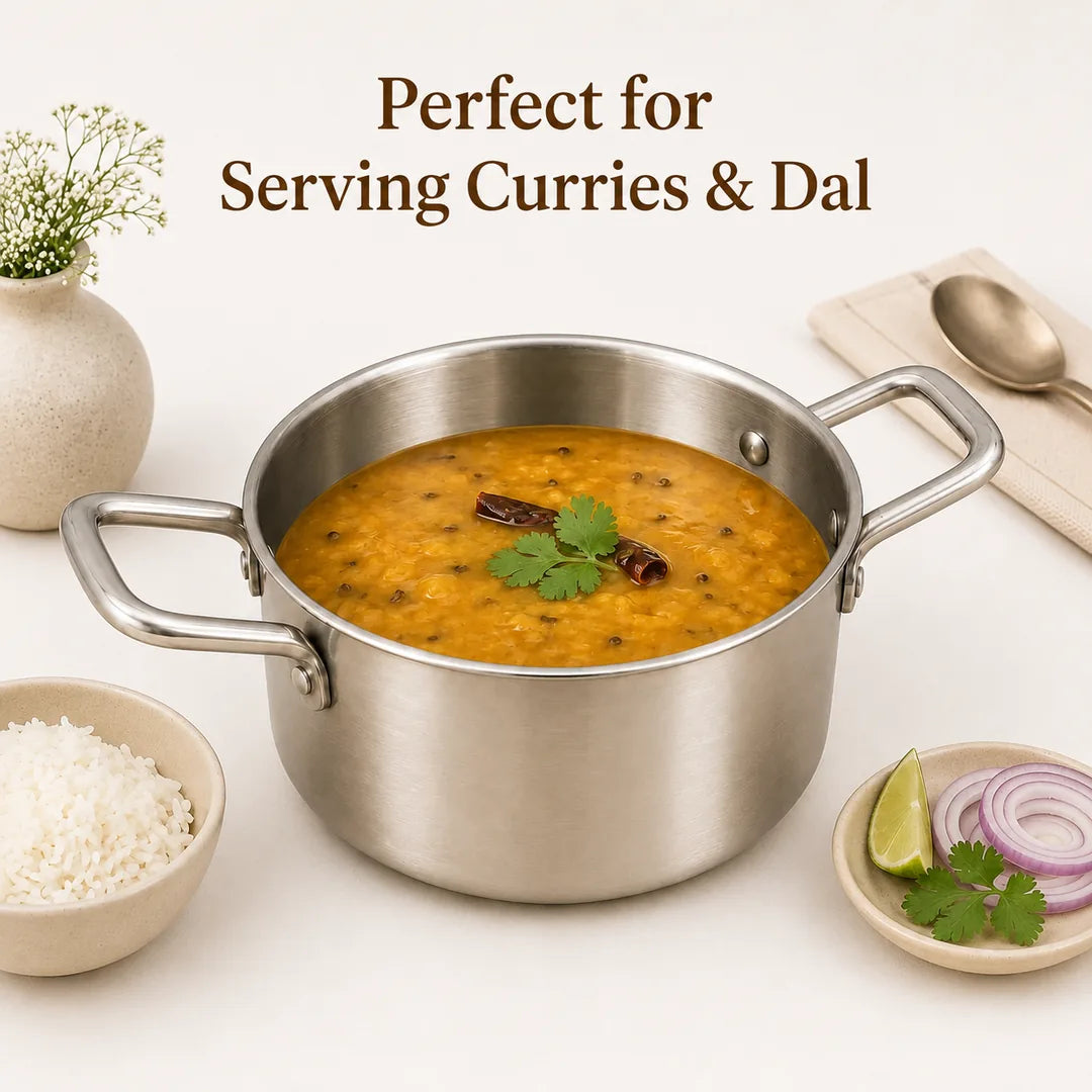 Nutristar stainless steel triply casserole serving dal with sturdy side handles for home and restaurant use