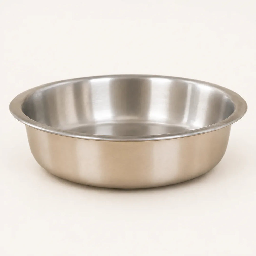 Nutristar Tapash triply stainless steel shallow pot with wide cooking surface on off-white background
