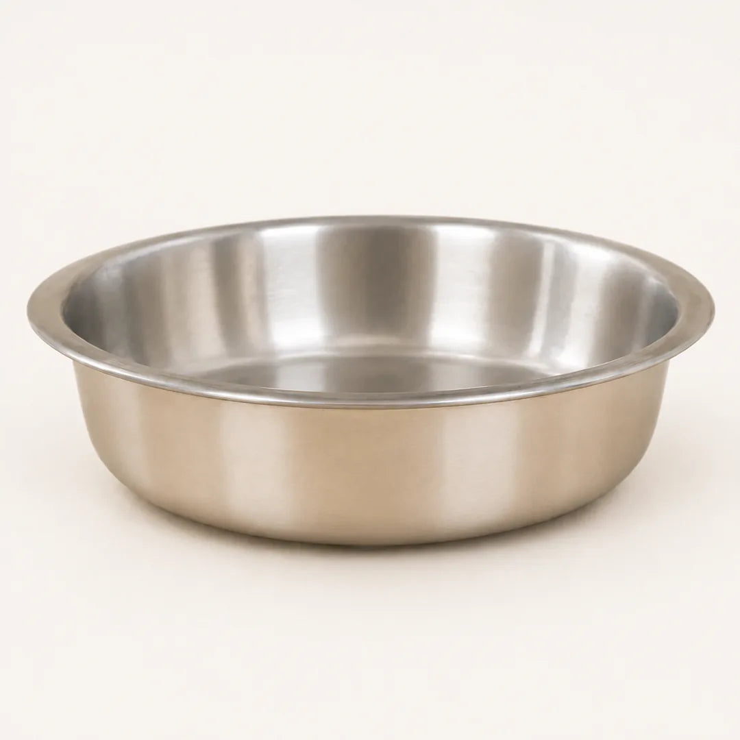 Nutristar Tapash triply stainless steel shallow pot with wide cooking surface on off-white background