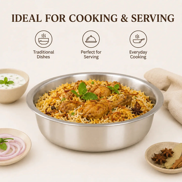 Nutristar triply stainless steel shallow pot filled with chicken biryani for cooking and serving