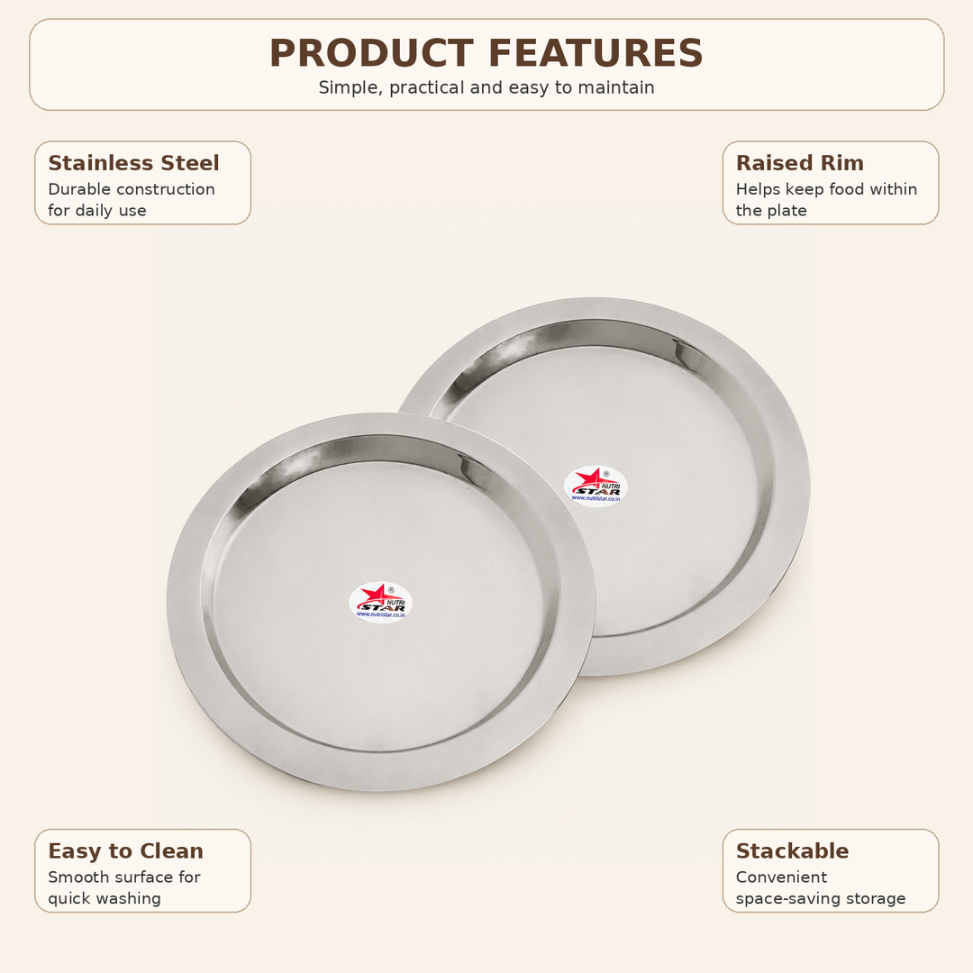 Nutristar stainless steel round serving plates available in 6, 7, 9 and 10 inch sizes