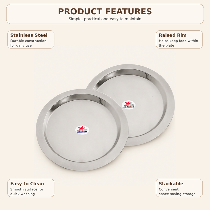 Nutristar stainless steel round serving plates available in 6, 7, 9 and 10 inch sizes