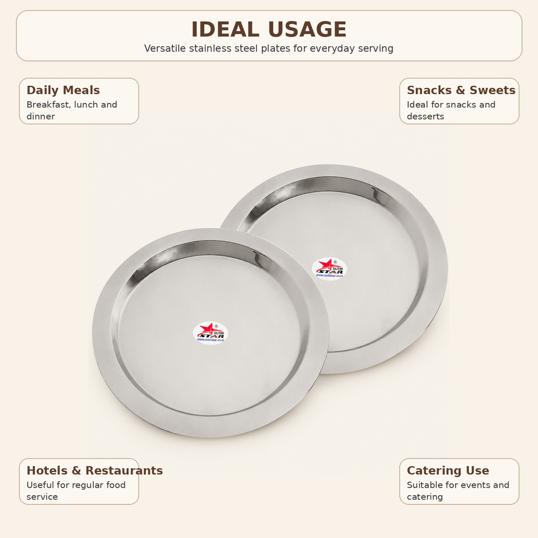 Nutristar stainless steel round serving plates available in 6, 7, 9 and 10 inch sizes