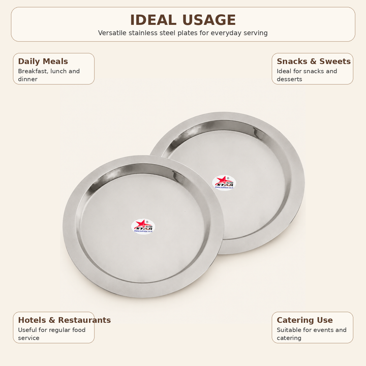 Nutristar stainless steel round serving plates available in 6, 7, 9 and 10 inch sizes