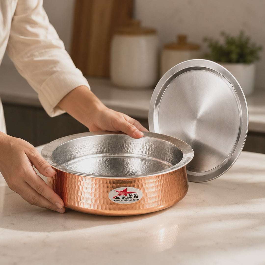 Biryani Handi Copper, Big Copper Biryani Handi Heavy Gauge with Stainless Steel Lid - Tin Coating Kalai Inside Handi