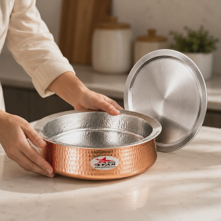 Biryani Handi Copper, Big Copper Biryani Handi Heavy Gauge with Stainless Steel Lid - Tin Coating Kalai Inside Handi